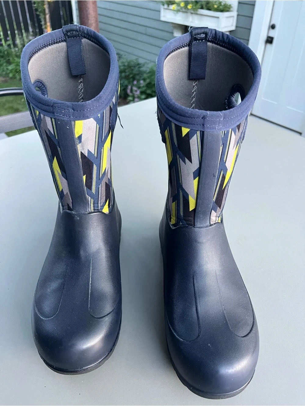 Bogs Kids Navy, Yellow & Gray Geometric Waterproof Boots